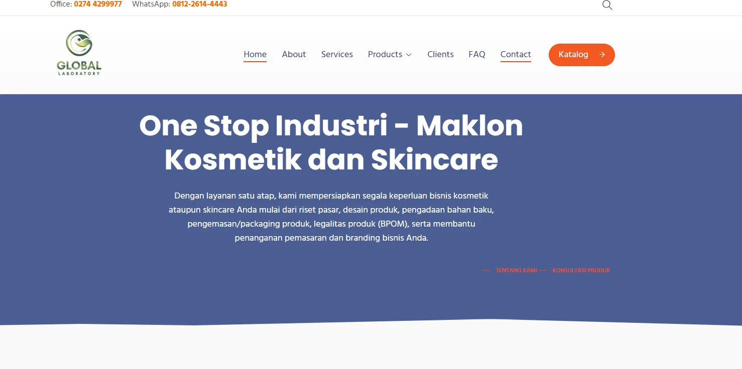 Global Laboratory website banner with services for cosmetic and skincare industry, featuring contact information and navigation menu.